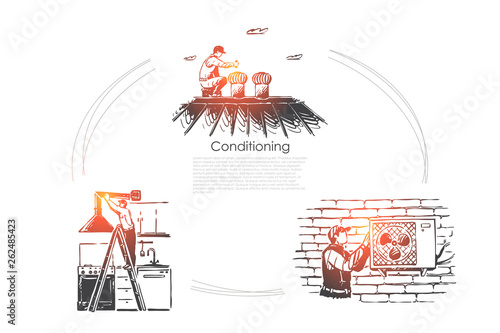 Climate control appliance, repairman fixing conditioner, cooling equipment banner template