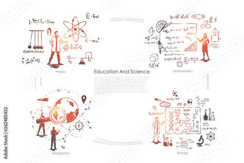 Scientist occupation, scientific research, physics experiment, board with mathematical equations, geography learning banner