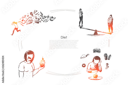 Healthy lifestyle, weight loss, calories control, woman eating fruits and vegetables, vegetarian food banner template
