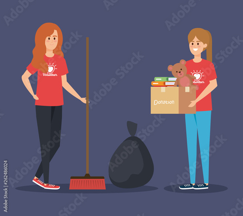 girl with boxes donation and broom with trash bag