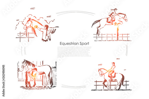 Hippodrome races, jockey on horseback, horseman in saddle, equine show, stallion in barn banner template