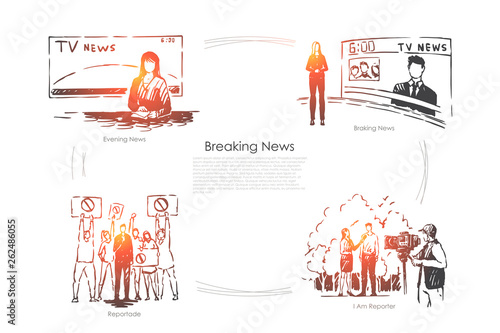 Evening television program, female newscaster, reporter taking interview, mass media press banner