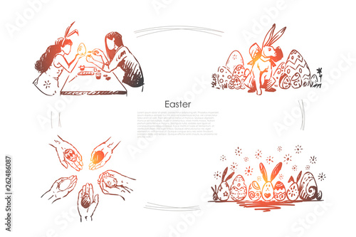 Girlfriends wearing bunny ears, eggs decorating, traditional festive hunt banner template