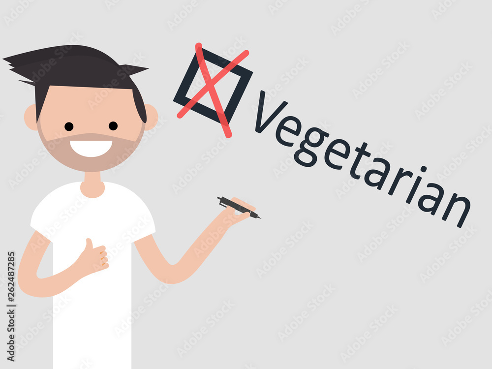 Vegetarian.Young character with pen shows checkbox with a cross on grey background. Checklist concept.Flat cartoon design Vegetarian.Young character with pen shows checkbox with a cross on grey background. Checklist concept.Flat cartoon design