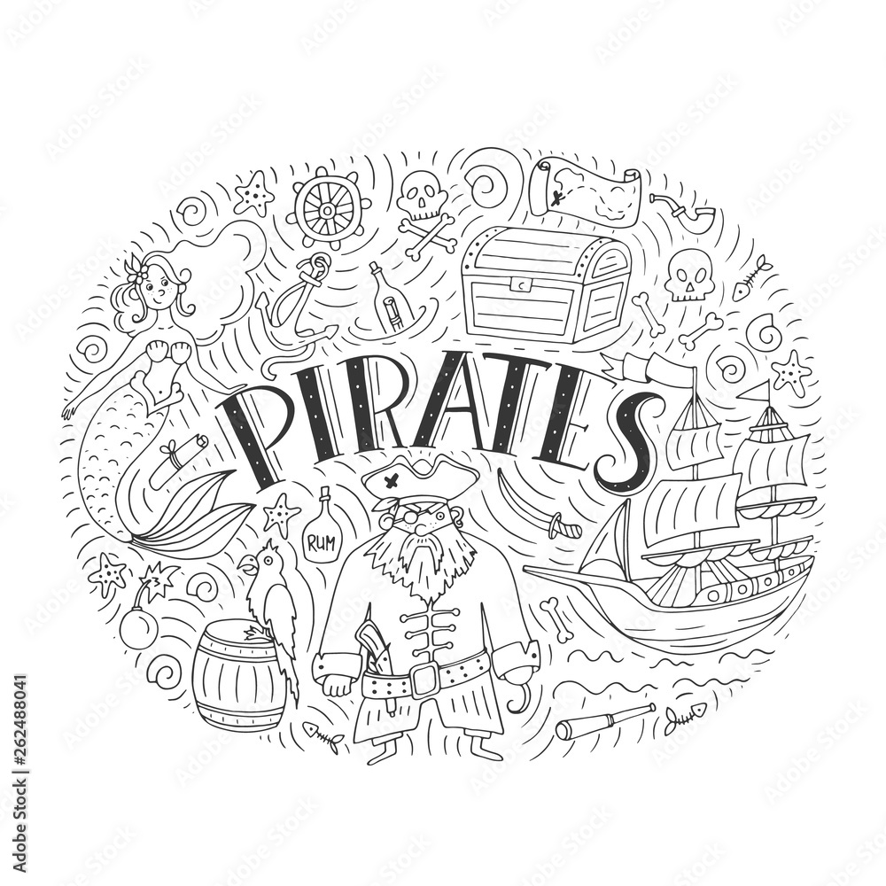 Vector Pirates set in freehand style illustration