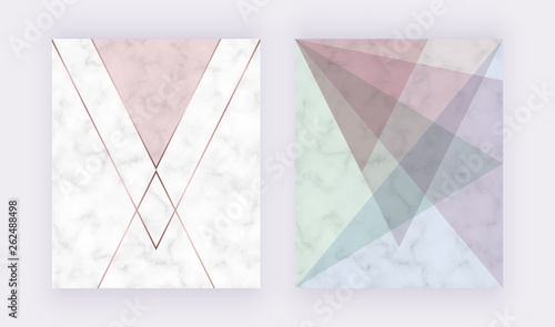 Marble geometric design with triangular, rose gold polygonal lines. Modern background for wedding invitation, banner, card, flyer, poster, save the date