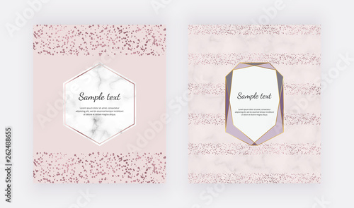 Marble design cards with rose gold confetti and geometric frames. Trendy templates for wedding invitation, banner, flyer, poster, save the date, greeting
