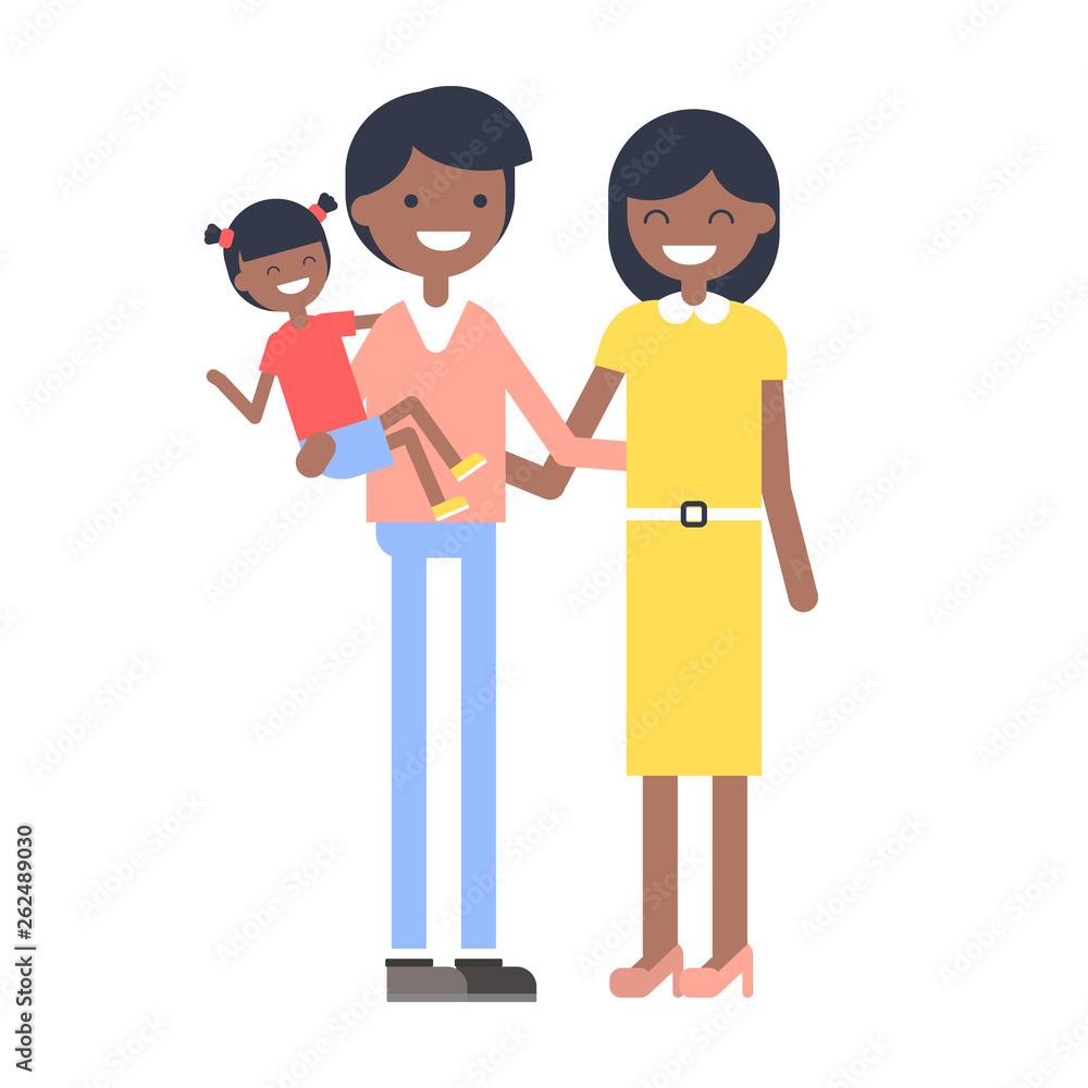 Afro american or black happy cartoon family portrait with mother, father,  daughter, kid, baby, child. Group family portrait, smiling mom, parent  care. Stock Vector | Adobe Stock