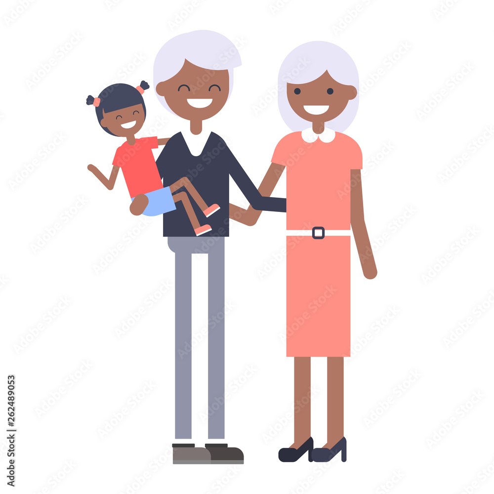 Vector cartoon illustration of happy black family. Grand daughter, grandmother, grandfather. Modern characters. cute grandparents couple