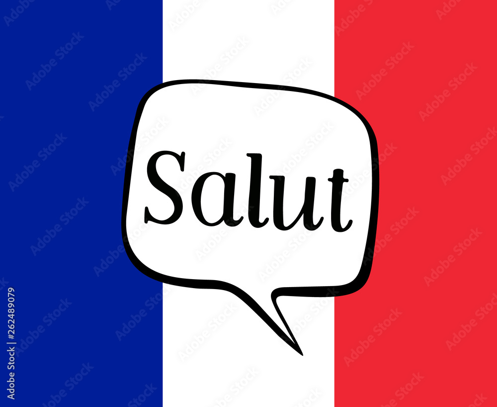 Greeting in French. Speech bubble on the background of the flag of France Greeting in French. Speech bubble on the background of the flag of France
