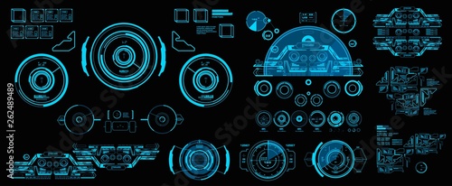 HUD elements mega set pack. Dashboard blue display virtual reality technology screen. Futuristic blue user interface.