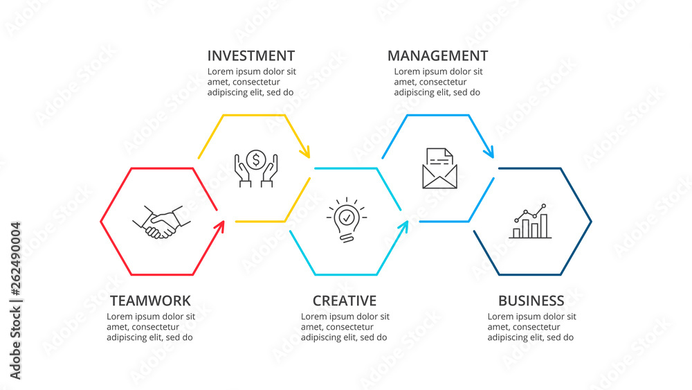 Thin line flat hexagons for infographic. Template for diagram, graph, presentation and chart. Business concept with 5 options, parts, steps or processes. Thin line flat hexagons for infographic. Template for diagram, graph, presentation and chart. Business concept with 5 options, parts, steps or processes.