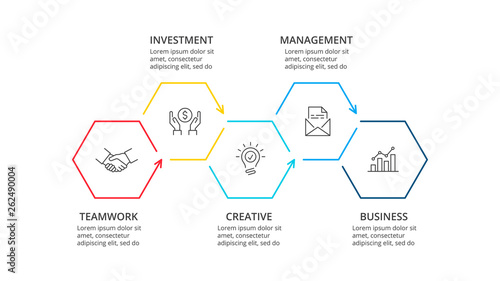 Thin line flat hexagons for infographic. Template for diagram, graph, presentation and chart. Business concept with 5 options, parts, steps or processes.