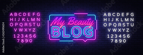 My Beauty Blog neon sign vector. Blogging Design template neon sign, light banner, neon signboard, nightly bright advertising, light inscription. Vector illustration. Editing text neon sign