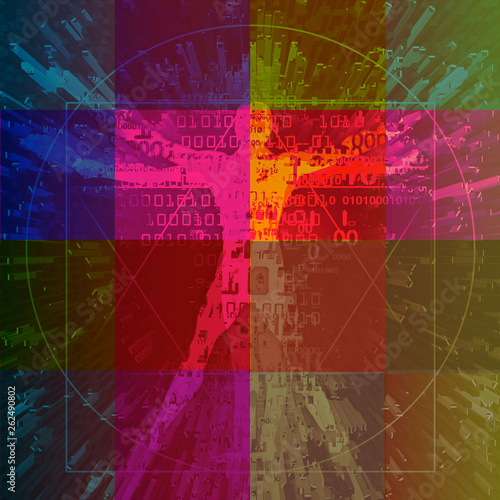   Vitruvian man with binary codes on colored squares background .  Futuristic expressive Illustration of vitruvian man with a binary codes symbolized digital age. Concept for science, new tecnologies. photo