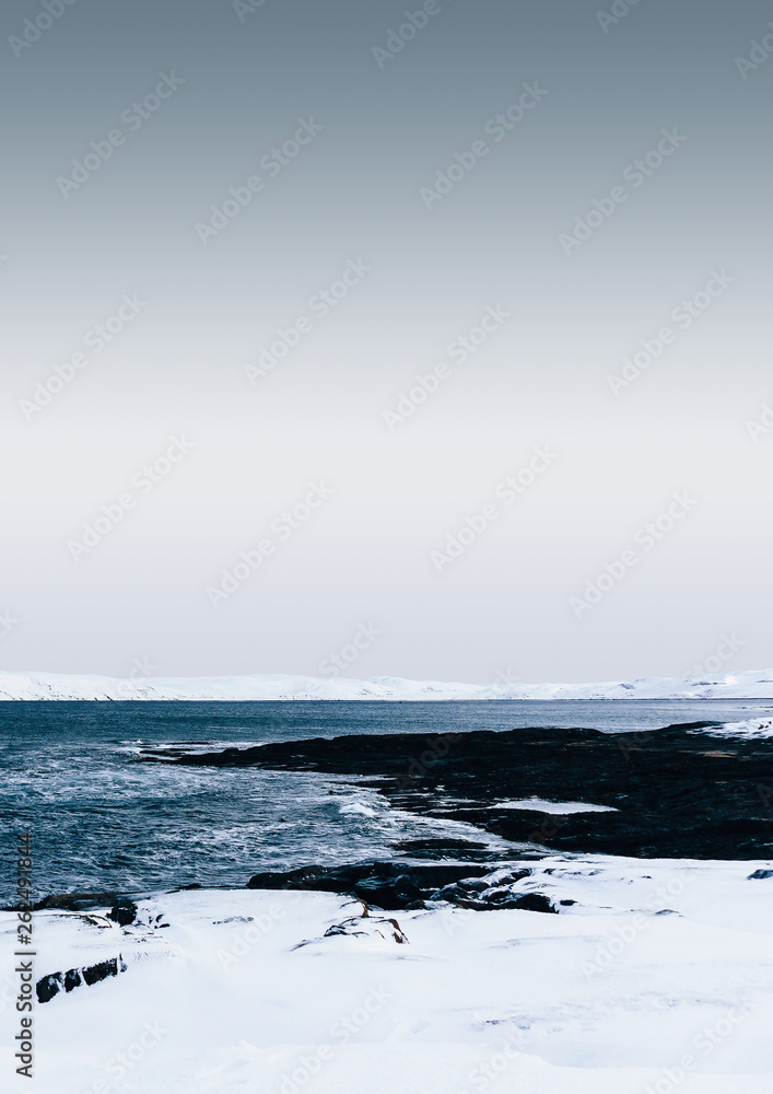view of the Arctic Ocean from the shore in winter during a hard frost after a snowfall