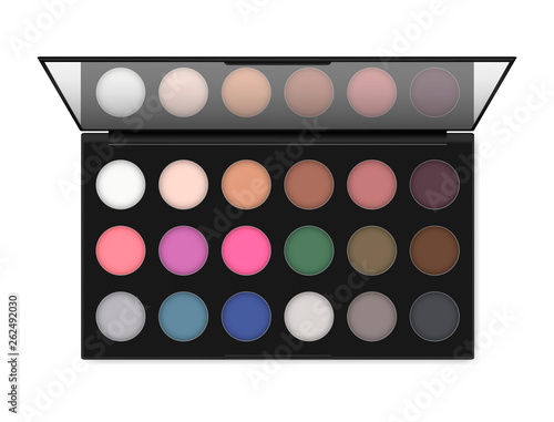 Professional make-up eyeshadow palette isolated on white background, realistic illustration. Color eye shadow kit. Open makeup container with mirror, vector template
