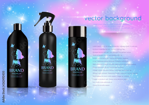 Set of realistic black package cosmetic product:  tube, bottle with pump dispenser or spray, shampoo,  gel shower and liquid soap. Vector mockup of isolated on abstract gradient background.