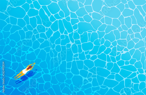 Woman in white bathing suit swim in the blue sea or pool, view from above. Flat vector illustration. Minimalism.
