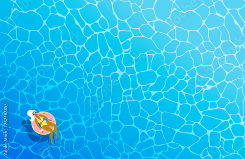 Blond woman in a yellow swimsuit and sunglasses on an inflatable circle in the form of a donut swims in the sea or pool. View from above. Flat vector illustration. Minimalism.