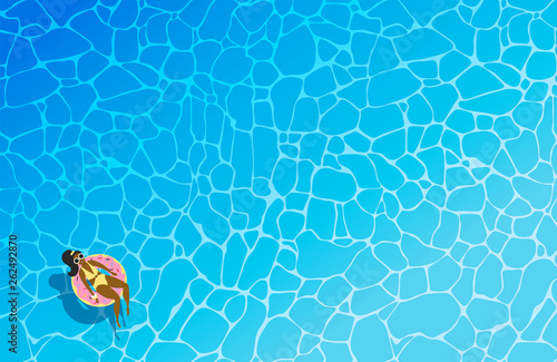 Dark-skinned, swarthy woman in a yellow swimsuit and sunglasseson an inflatable circle in the form of a donut swims in the sea or pool. View from above. Flat vector illustration. Minimalism.