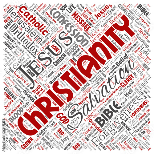 Vector conceptual christianity, jesus, bible, testament square red  word cloud isolated background. Collage of teachings, salvation resurrection, heaven, confession, forgiveness, love concept