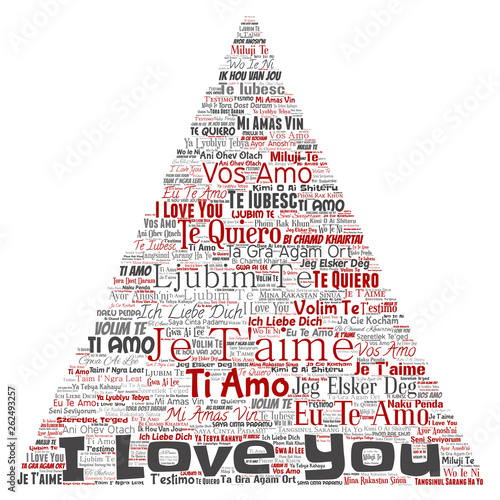 Vector conceptual sweet romantic I love you multilingual message triangle arrow word cloud isolated background. Collage of valentine day, romance affection,  happy emotion or passion lovely concept