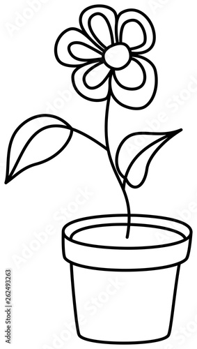 Flower in pot outline vector icon. Coloring book page for children.
