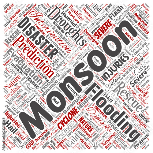 Vector conceptual monsoon dangerous weather square red meteorology word cloud isolated background. Collage of tropical dramatic storm force, strong wind blowing, rain hail thunderstorm concept design