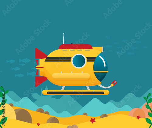 Submarine under water concept vector flat illustration