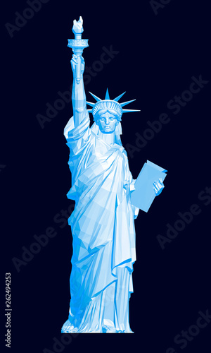 Polygonal Statue of Liberty in blue. 3D. Vector illustration