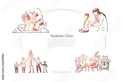 Children hospital, physician checks kids health, doctor and little patients holding hands, childcare banner