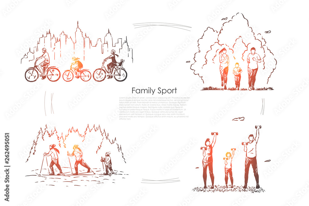 Parents with child training together, kid cycling, jogging, skiing with mother and father, workout banner