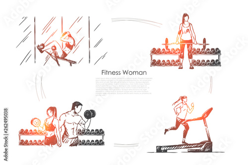 Sportswoman working out, sport activity, people training in gym, treadmill jogging, bodybuilding banner