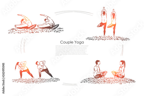 Man and woman sitting in lotus pose, healthy lifestyle, people meditating, husband and wife relaxation banner