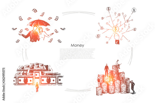 Profit, income, millionaires with umbrella under money rain, cash maze, rich people on coin stacks banner