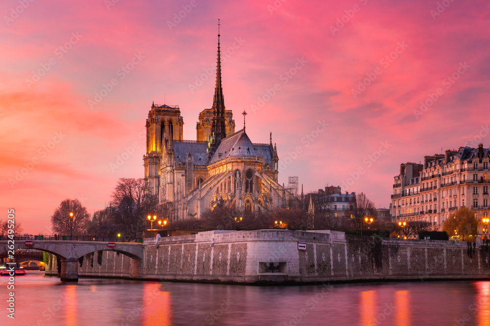 Cathedral of Notre Dame de Paris at sunset, France - obrazy, fototapety, plakaty 