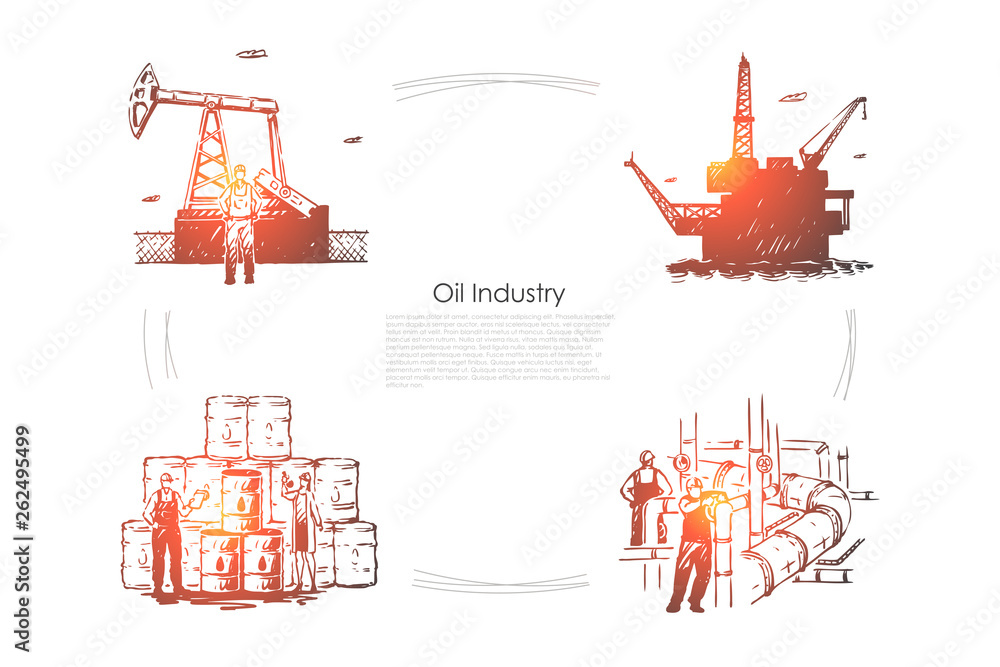 Gas production plant, workers at pipeline, industrial equipment, drilling platform, rig, fuel pump banner template