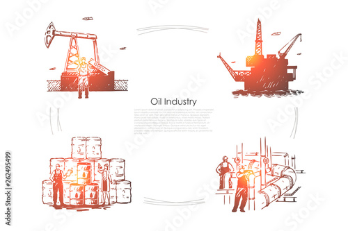Gas production plant, workers at pipeline, industrial equipment, drilling platform, rig, fuel pump banner template