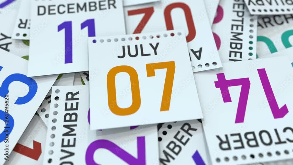 Calendar page shows July 7 date, 3D animation Calendar page shows July 7 date, 3D animation