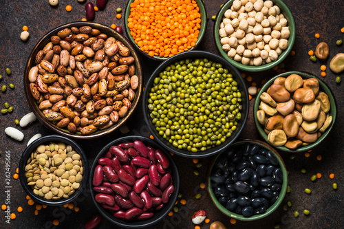 Legumes, lentils, chikpea and beans assortment. photo