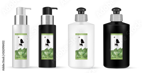 Cosmetic black, white plastic bottle.  Liquid container for gel, lotion, cream, shampoo. Beauty product package. with green leaves label.