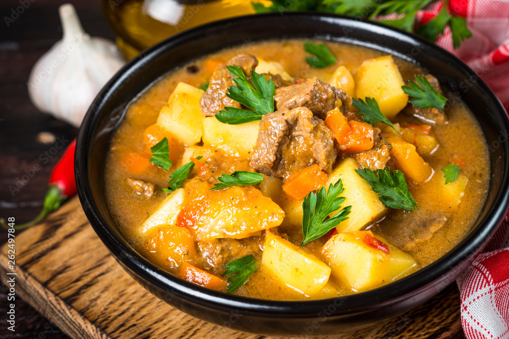 Goulash with meat and vegetables. Beef stew.