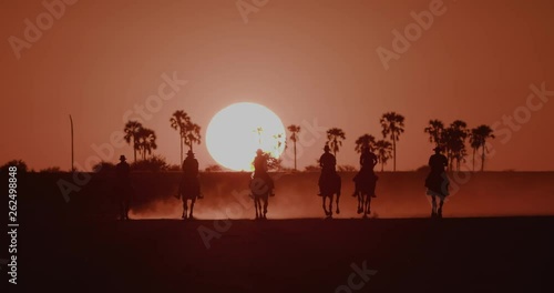 Spectacular view of a Group of horse riders riding into the palm treed orange sunset of the Makgadikgadi salt Pans with 