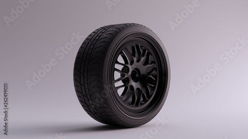 Black Alloy Rim Wheel with a Complex Multi Star Spoke Pattern Open Wheel Design with Racing Tyre 3d illustration 3d render