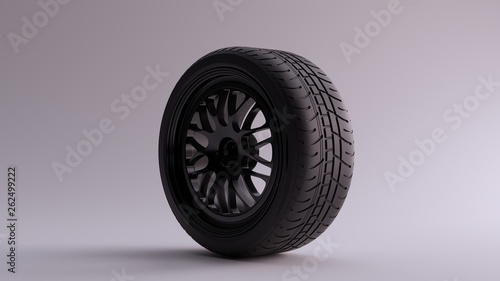 Black Alloy Rim Wheel with a Complex Multi Star Spoke Pattern Open Wheel Design with Racing Tyre 3d illustration 3d render