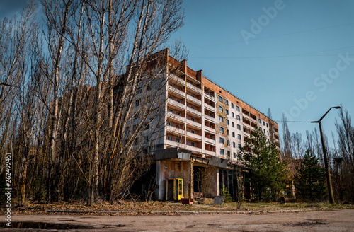 Old abandoned house in the ghost town of Pripyat, Ukraine. Consequences of a nuclear explosion at the Chernobyl nuclear power plant