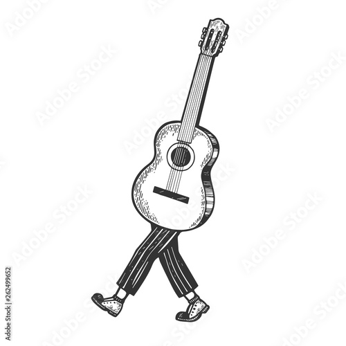 Acoustic guitar walks on its feet sketch engraving vector illustration. Scratch board style imitation. Black and white hand drawn image.