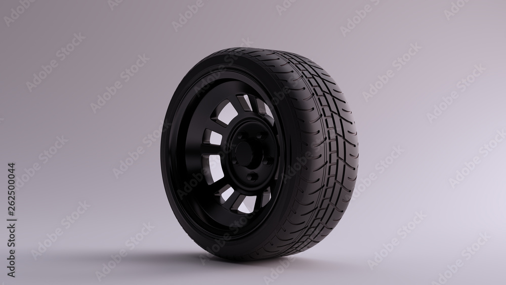 Black Alloy Rim Wheel Retro Wheel with a Semi Closed Design with Racing Tyre 3d illustration 3d render Black Alloy Rim Wheel Retro Wheel with a Semi Closed Design with Racing Tyre 3d illustration 3d render