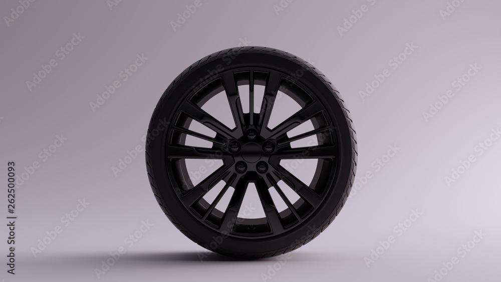Black Alloy Rim Wheel with a 5 Spoke Intricate Flared Open Wheel Designe with Racing Tyre 3d illustration 3d render Black Alloy Rim Wheel with a 5 Spoke Intricate Flared Open Wheel Designe with Racing Tyre 3d illustration 3d render